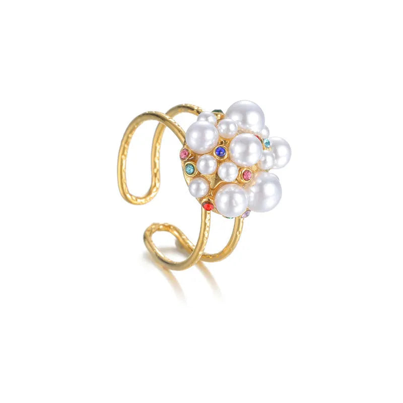 Women's adjustable open mouth ring with pearl and zircon stones on electroplated stainless steel