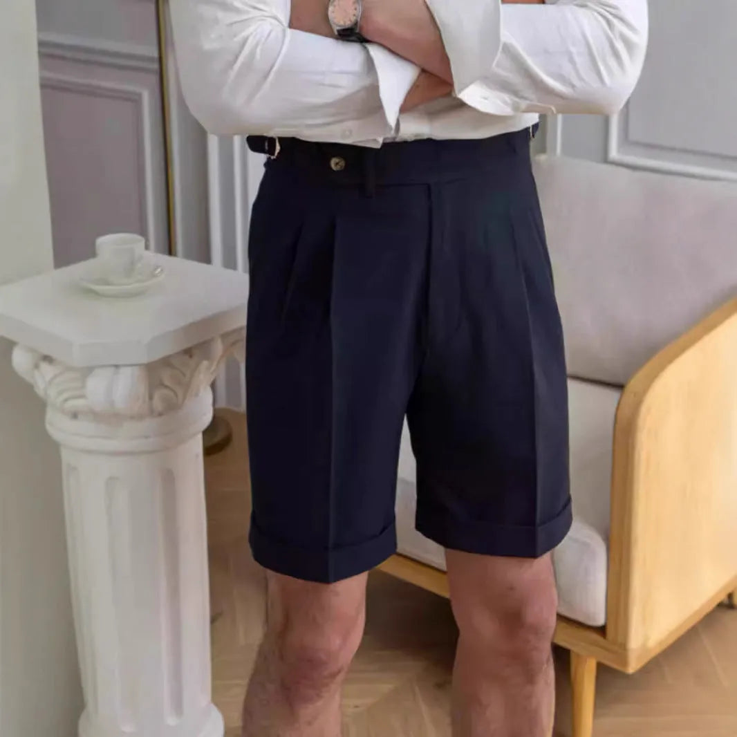 Men's straight-cut Neapolitan Kilge shorts in apricot, black, brown, navy blue, and white colours.