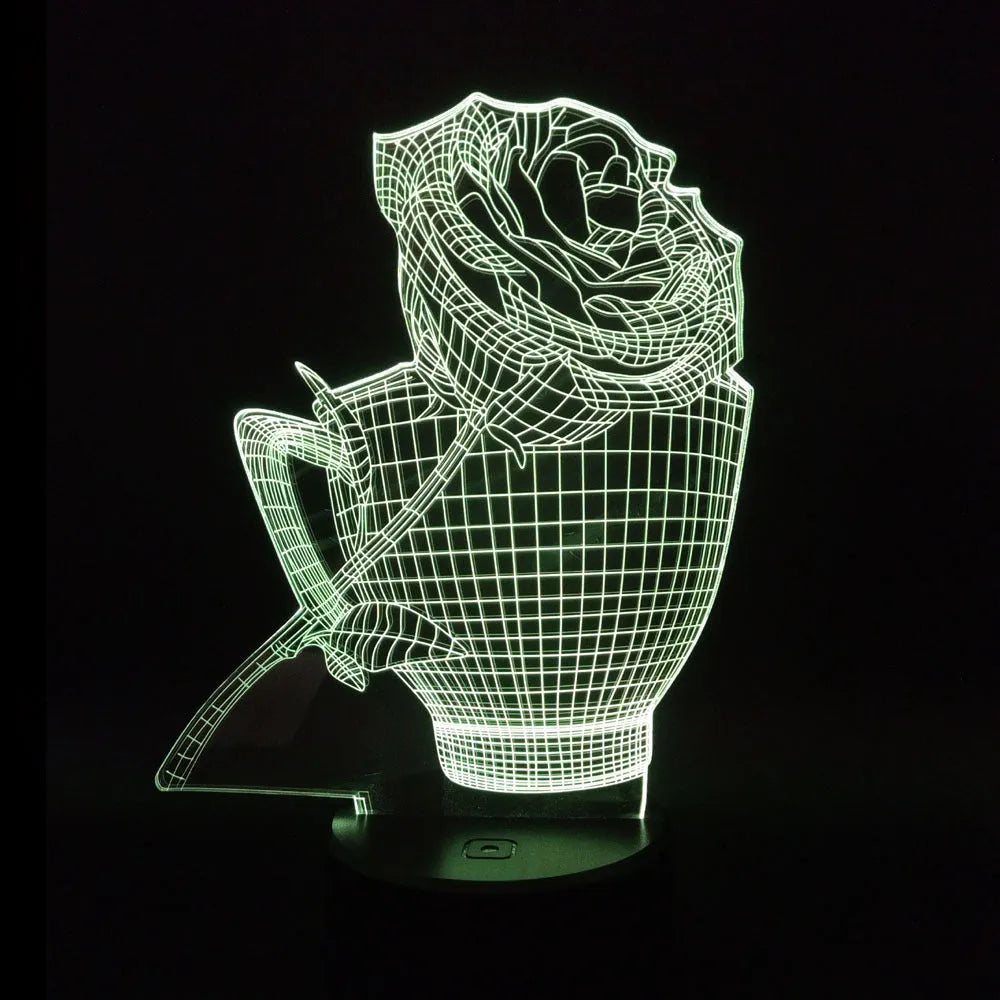 3D Rose Flower Night Light in black finish showing laser-engraved design glowing in purple light, with remote control.