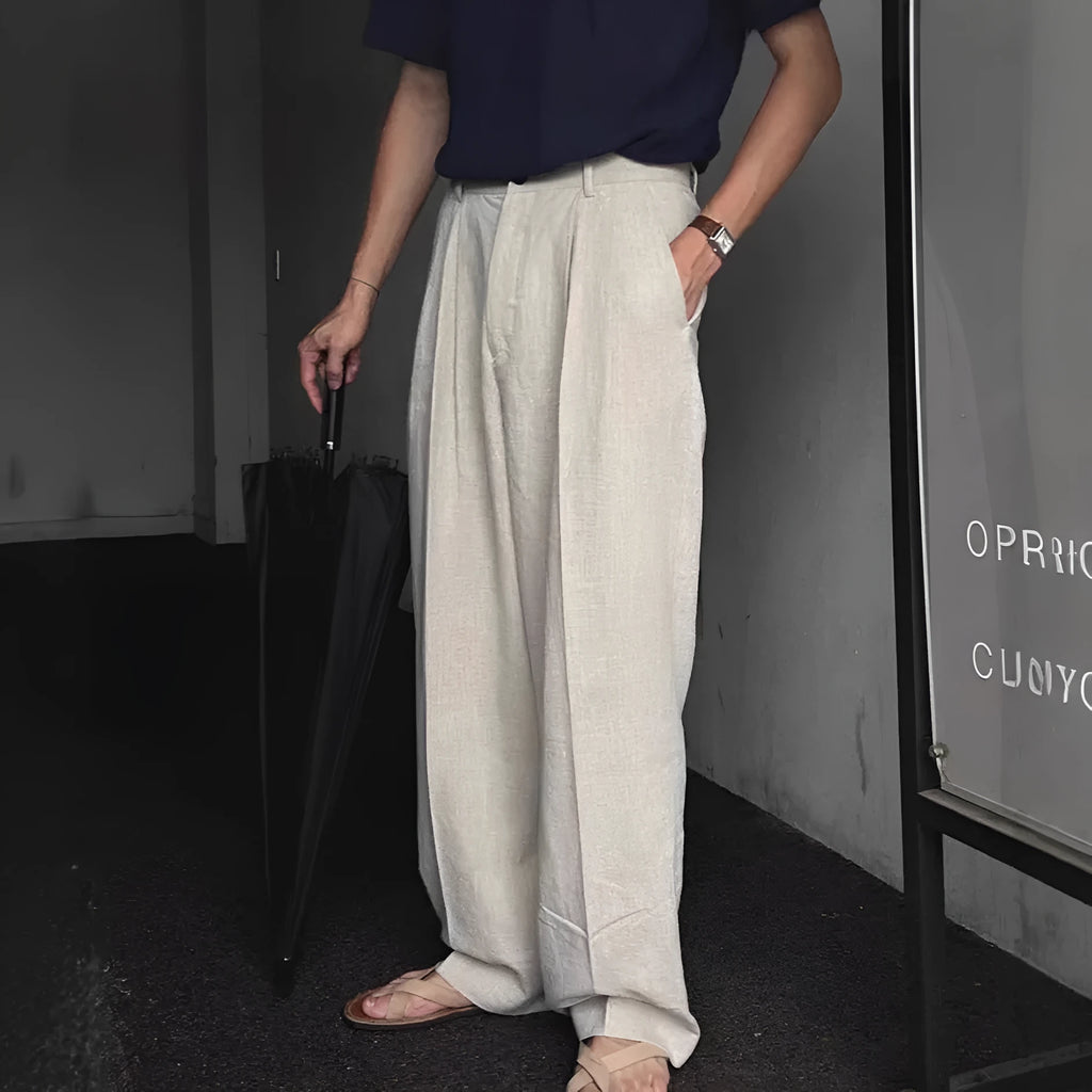 Men's Korean style cotton linen trousers in apricot, army green, and purplish blue colours