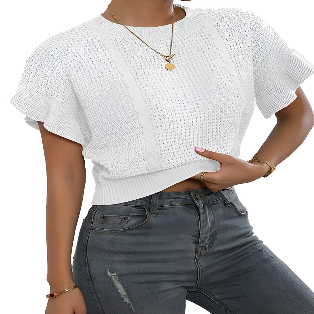 Twisted string pattern knitted sweater with ruffled short sleeves in loose Japanese Korean casual style
