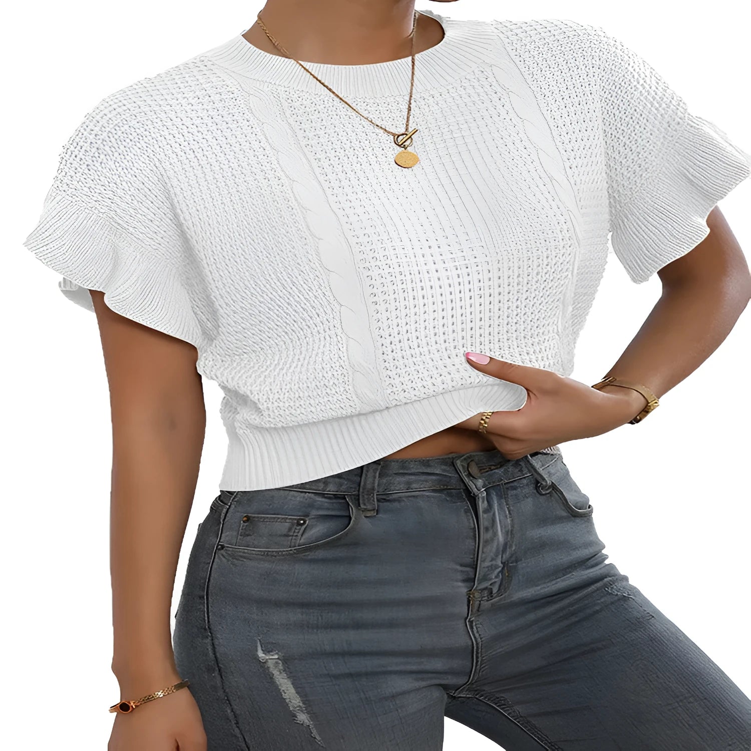 Twisted string pattern knitted sweater with ruffled short sleeves in loose Japanese Korean casual style