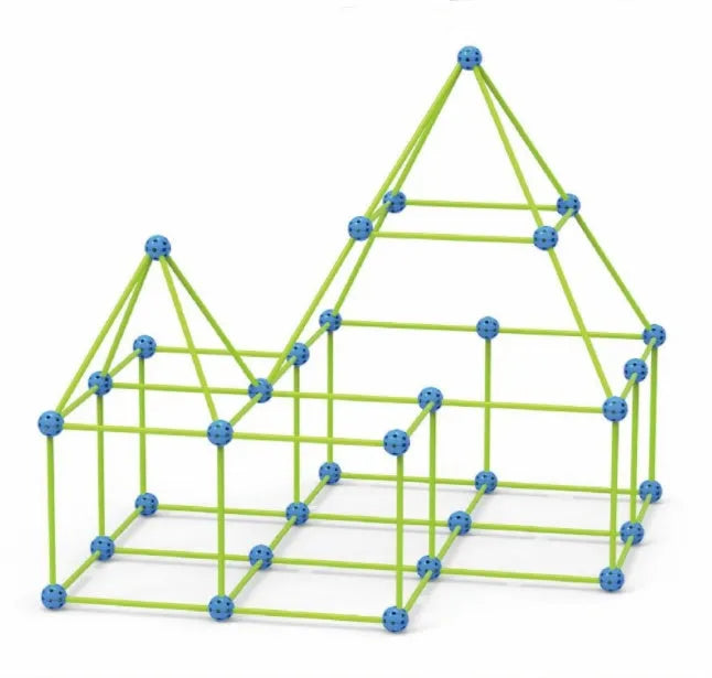 Children's luminous fort building kit with plastic rods, connector balls, and a constructed play tunnel.