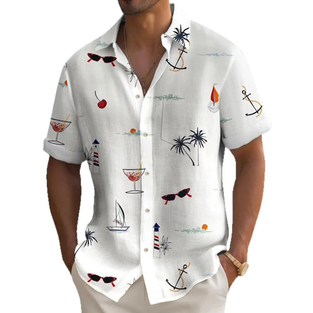 Man modelling a loose-fit, short-sleeve Hawaiian shirt with a colourful digital print pattern.