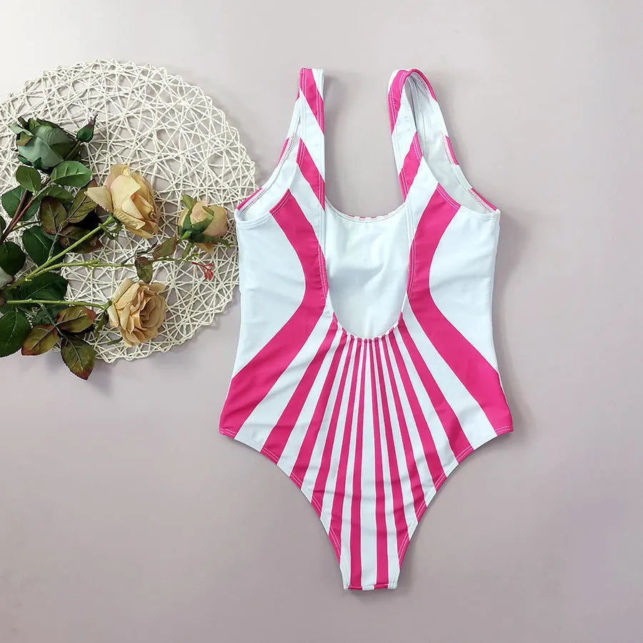 Pink and white striped one-piece swimsuit for women with digital printing on the front and back.