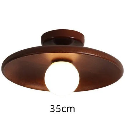Solid wood ceiling lamp with glass shade in wood colour and walnut colour options