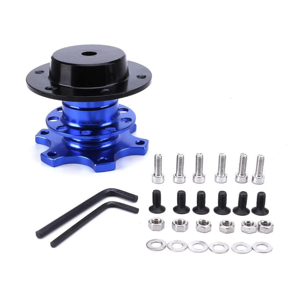 Car quick release steering wheel adapter device in black, red, blue, silver, and gold colour options.
