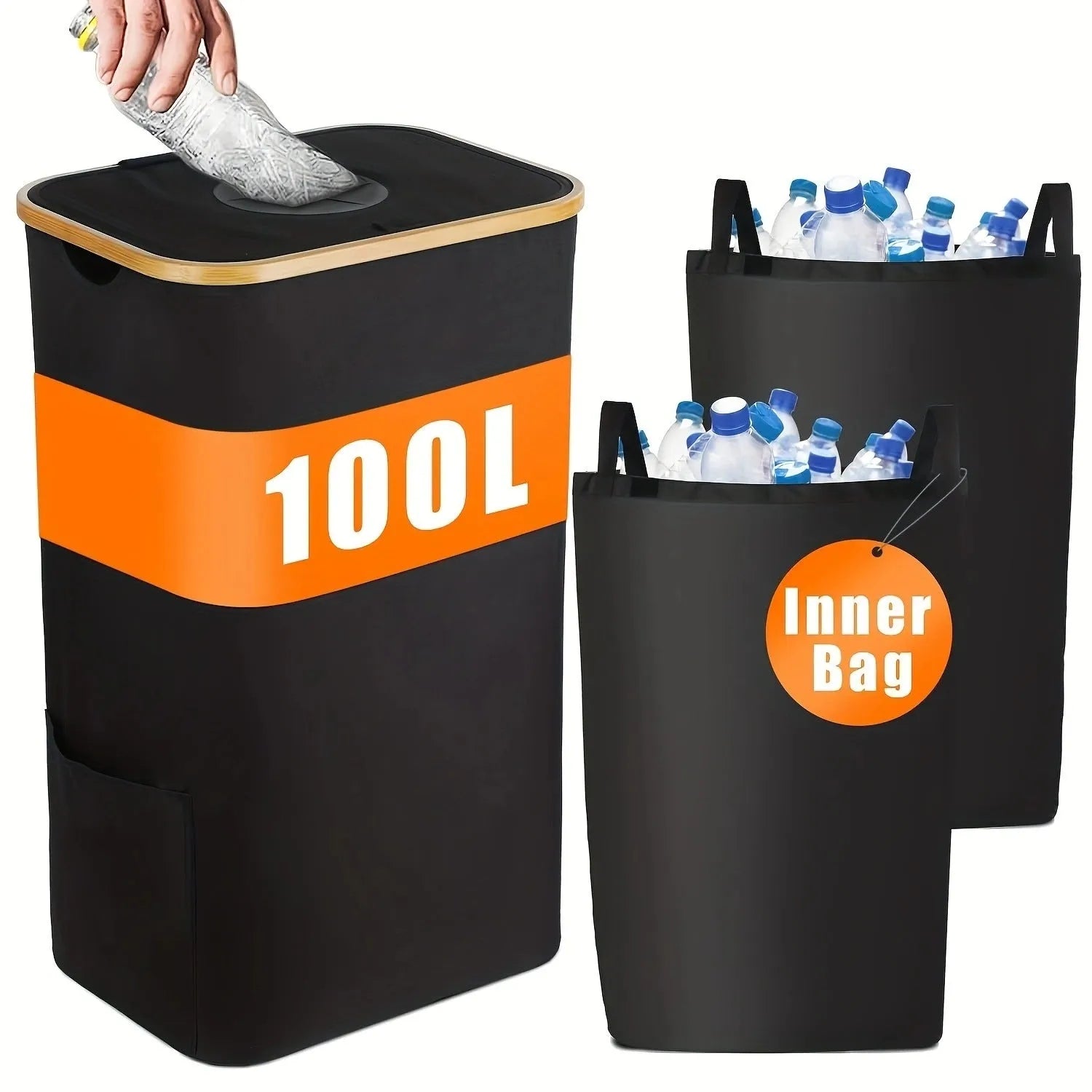 Black bamboo storage basket with removable lid and double inner pockets made from Oxford cloth