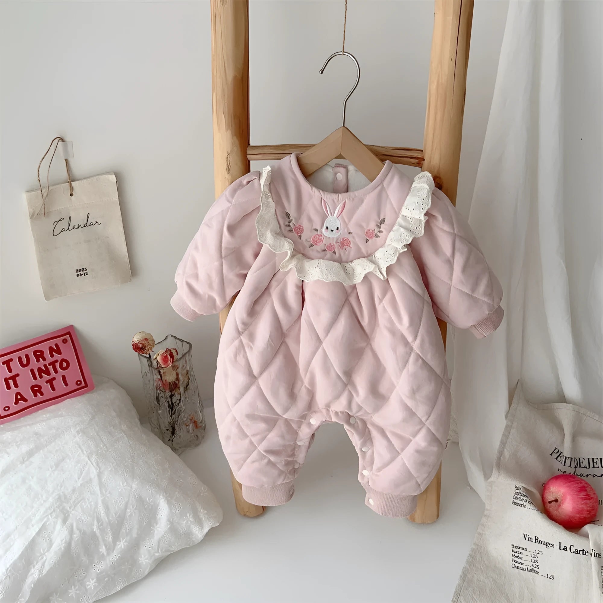 Fleece-lined baby romper in pink with hidden hook closure, thickened winter jumpsuit for babies 66-90cm tall