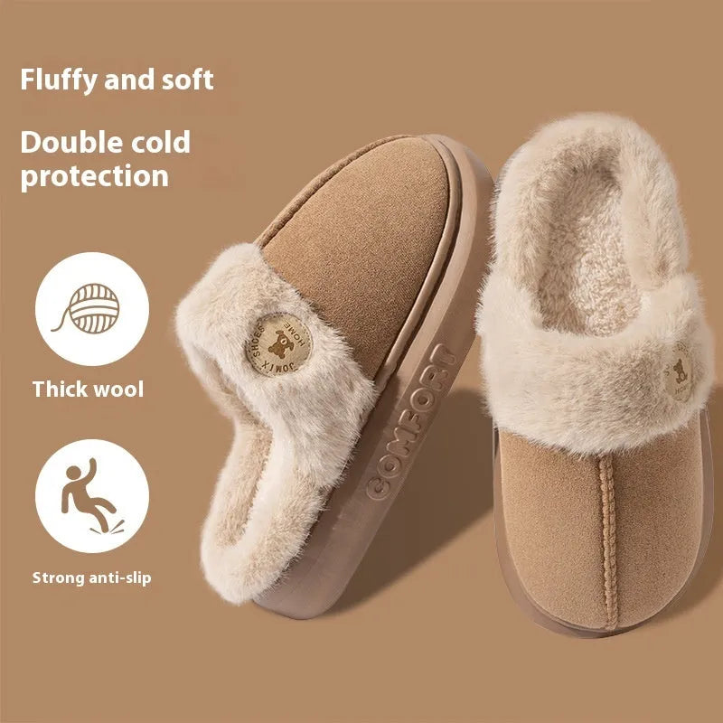 Pair of thick-soled fleece slippers in various colours on a plain background