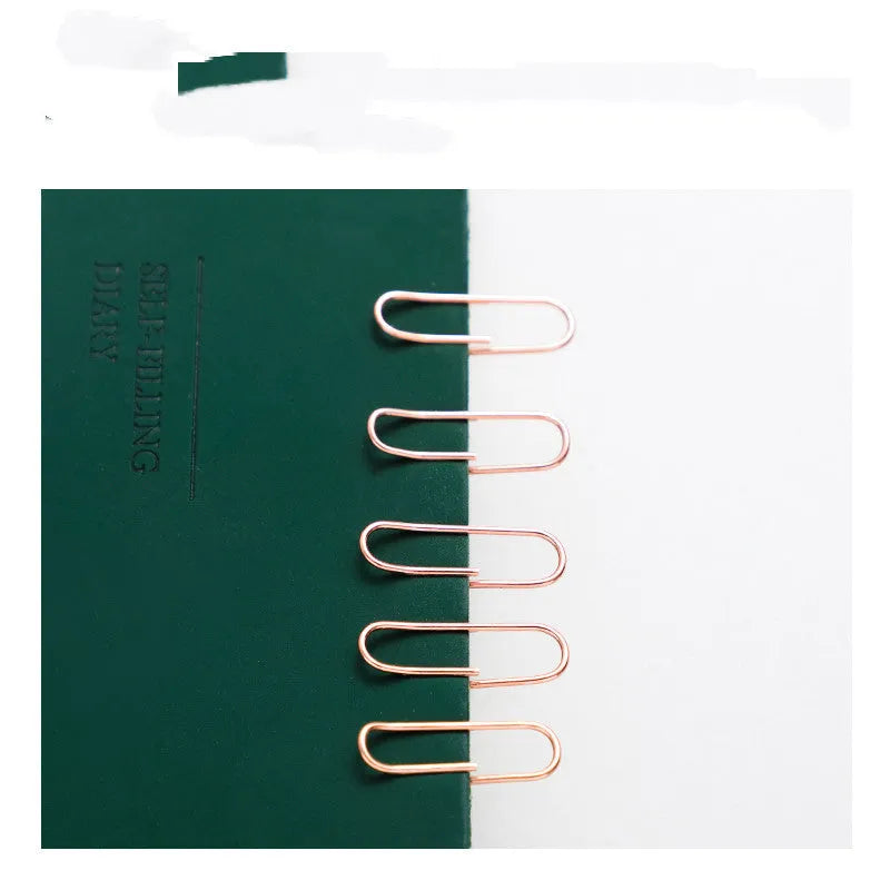 Rose gold heart-shaped paper clips with steel core construction measuring 28mm each