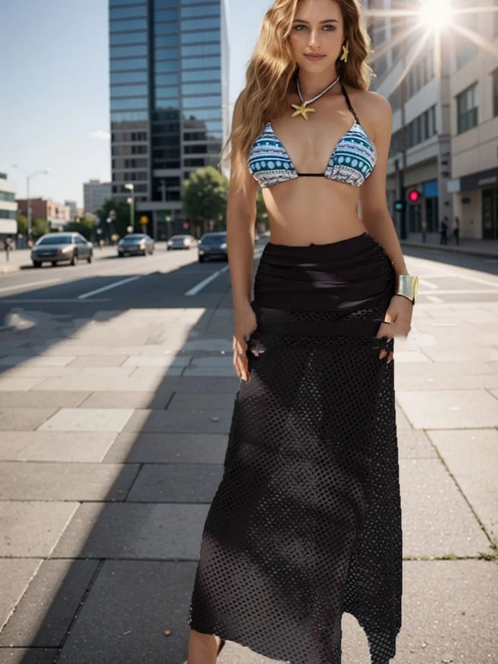 Women's brown gradient pattern bikini three-piece set with fishnet long skirt European American style swimwear