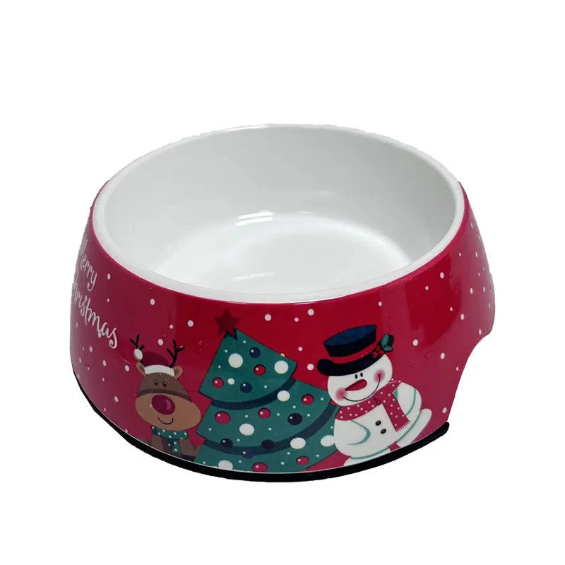 Red Christmas pet bowl with double layer insulated design showing stainless steel inner bowl