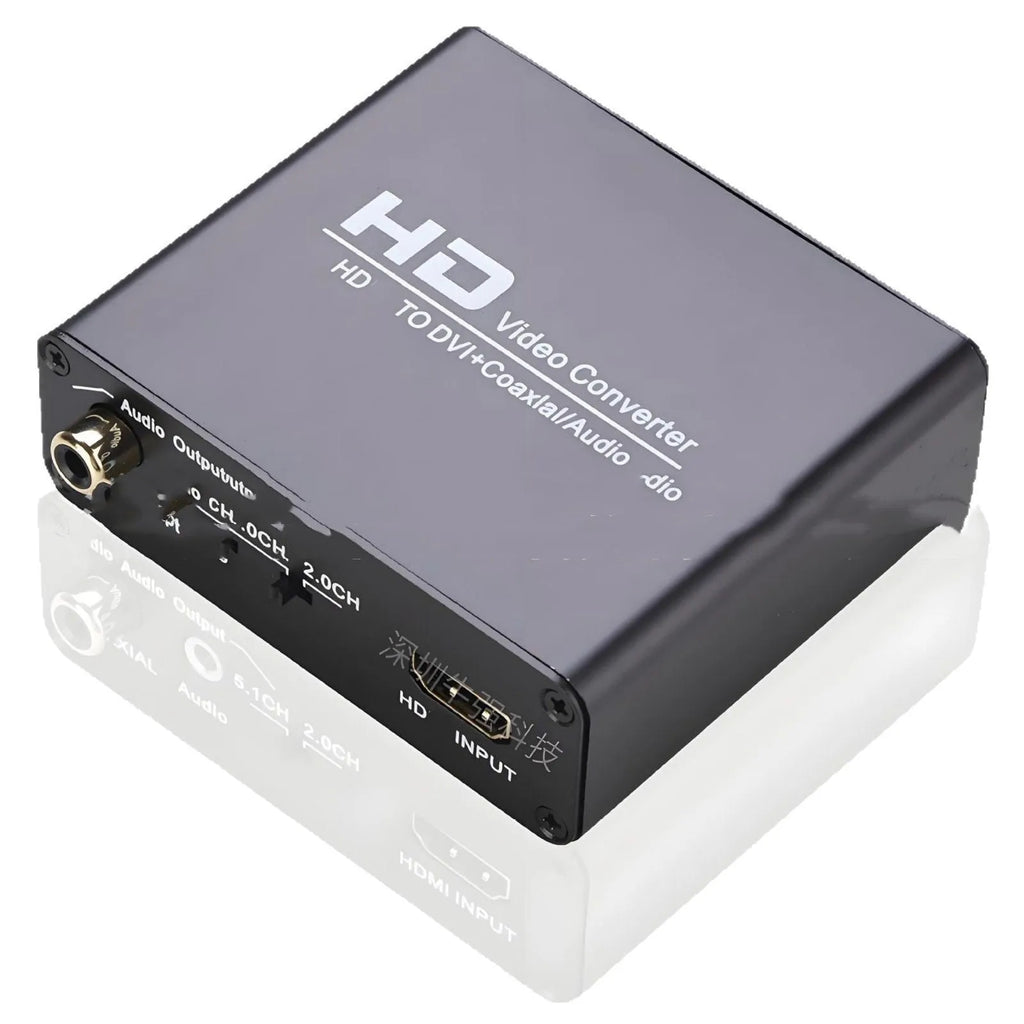 Black HDMI to DVI video converter with coaxial audio output and a 1.5-metre long cable