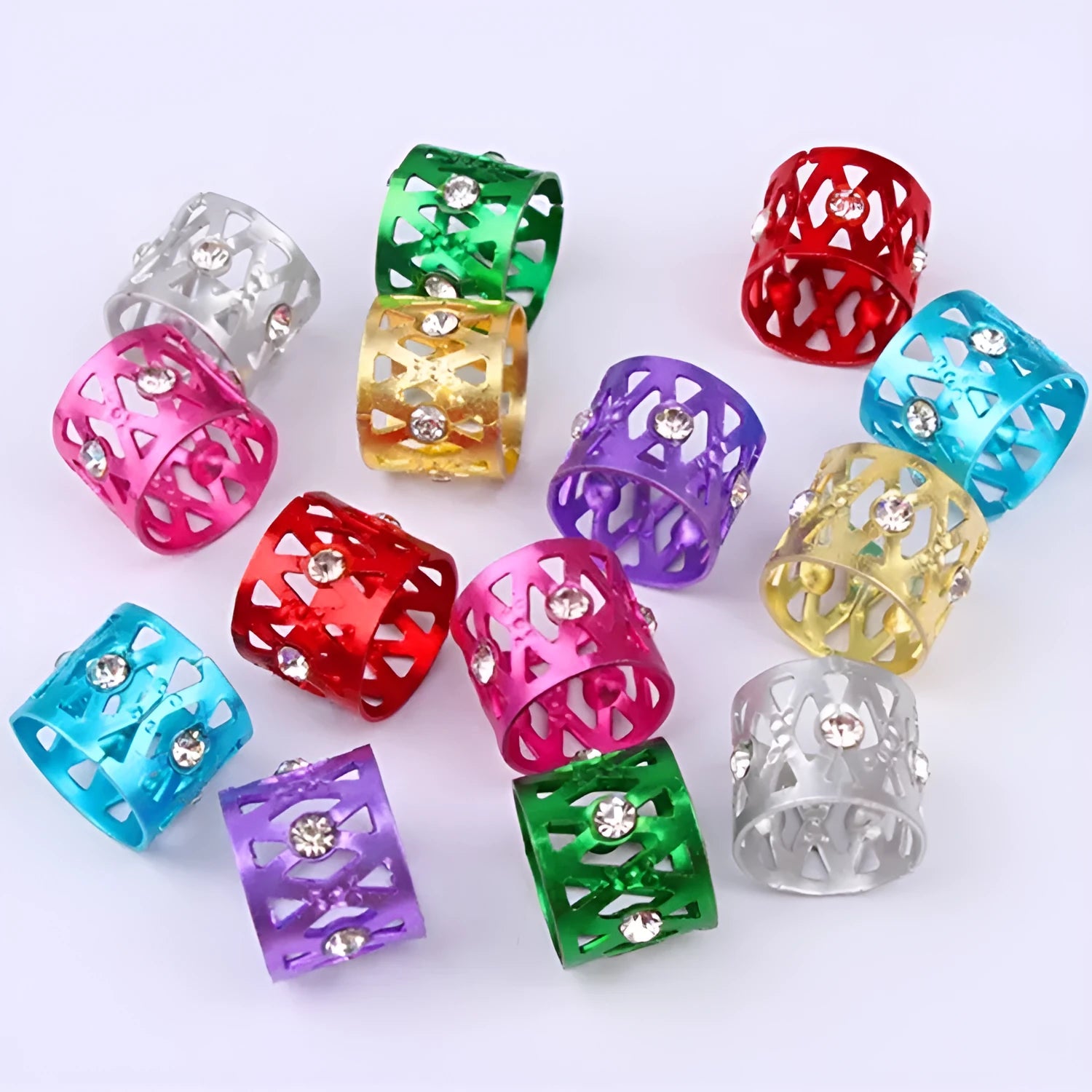 Aluminium hair ring wig decoration with hollow jeweled design featuring crown and heart shapes.