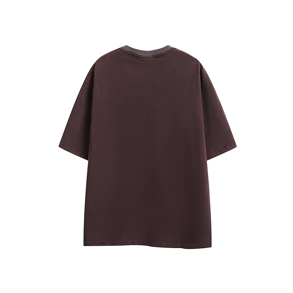 Black and purple loose-fit embroidered retro short-sleeved cotton t-shirt on a hanger