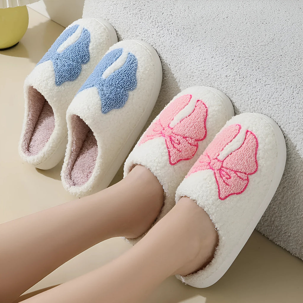 Cartoon bow knot cotton slippers with suede upper and TPR sole in pink or blue colour options