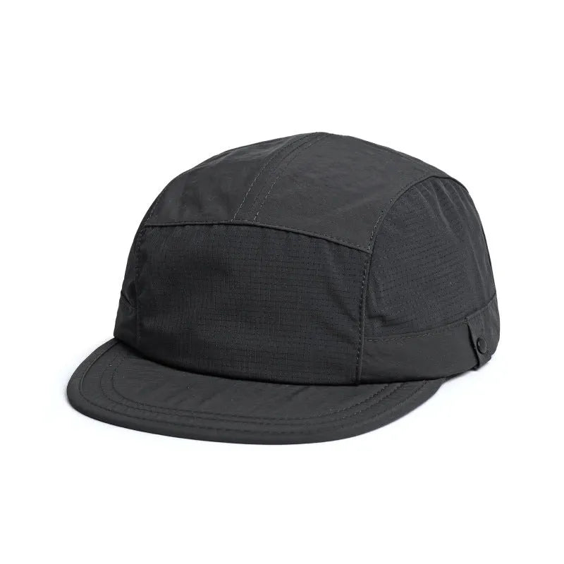 Khaki coloured dome crown summer cap made from breathable polyester fabric on a white background.