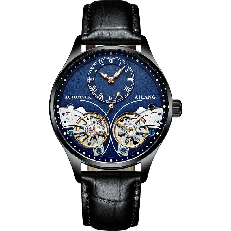 Automatic men's watch with tourbillon and moon phase on a round black dial in a titanium case.