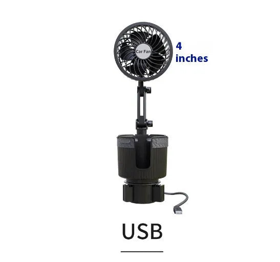 Car cup holder cooling fan in vehicle with cigarette lighter or USB power connection options