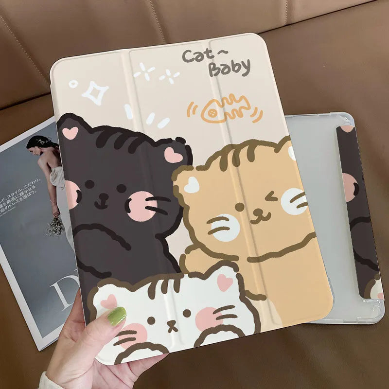 Silicone tri-fold protective iPad case in a cartoon rabbit design lying flat.