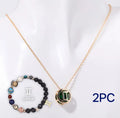 Natural stone beaded necklace and matching bracelet set on a table, showing bead texture.