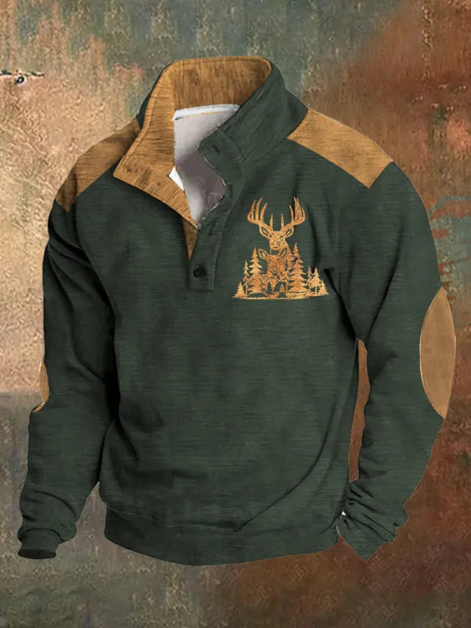 Man's loose fit grey sweater with blue 3D geometric digital print pattern and four-button front.