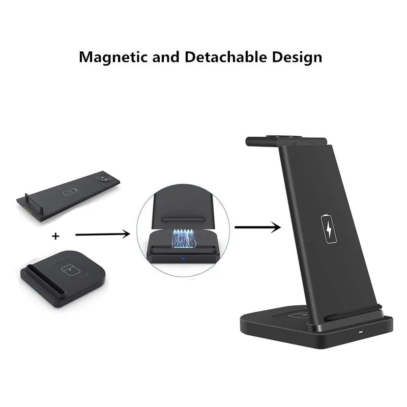 Black foldable 3-in-1 wireless charger for phone, watch and headphones showing compact size