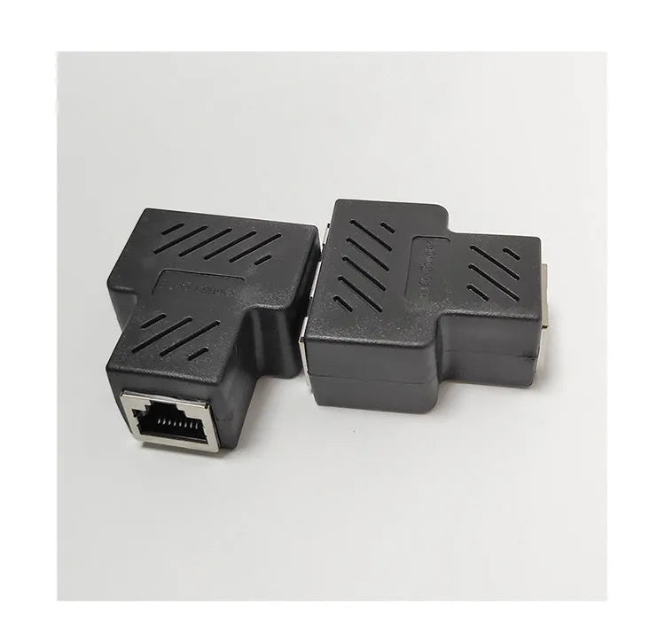 Two white RJ45 network cable splitter adapters showing one male and two female Ethernet ports.