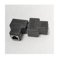 Two white RJ45 network cable splitter adapters showing one male and two female Ethernet ports.