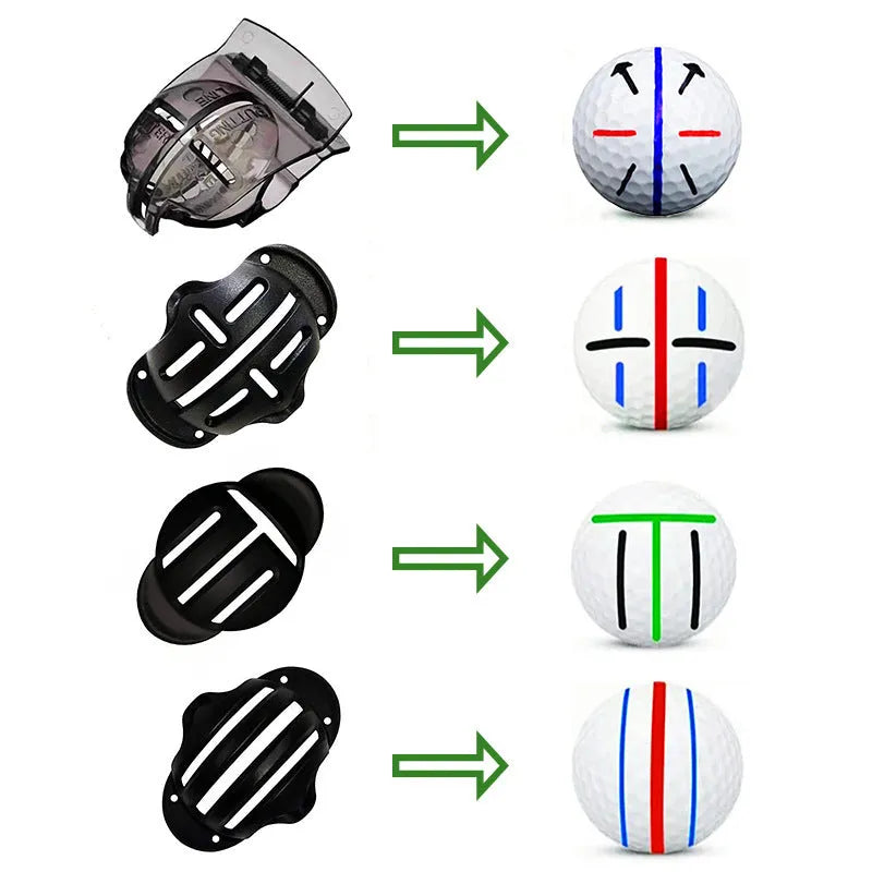Golf putting alignment tool set with plastic scribers and drawing pens on a green.