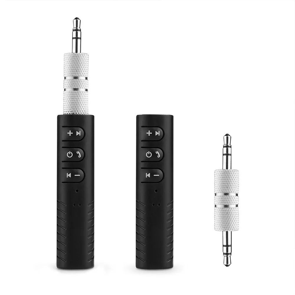 Black Bluetooth audio receiver with 3.5mm AUX jack for car stereo wireless connectivity
