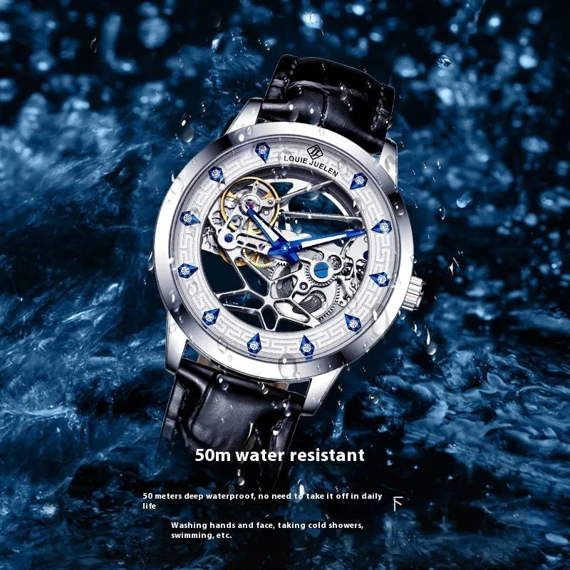 Men's silver waterproof mechanical watch with white dial, luminous blue hands, and black leather strap.