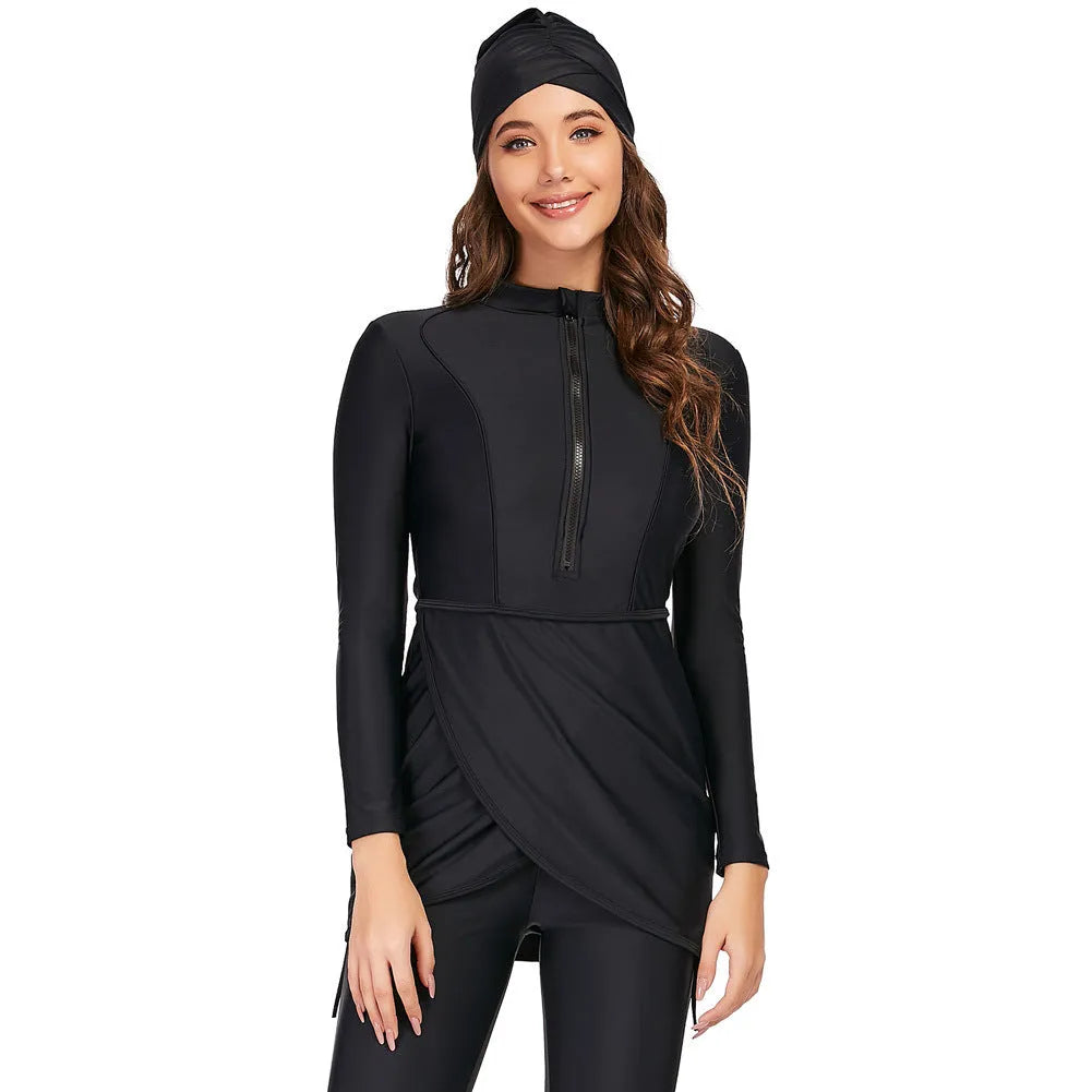 Black conservative Muslim ladies swimsuit with long sleeves and full coverage bottoms