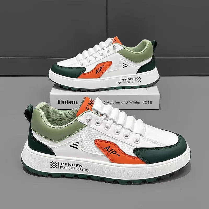 Men's white casual sports shoes with round toe and choice of orange, black, or brown accents on artificial PU upper.