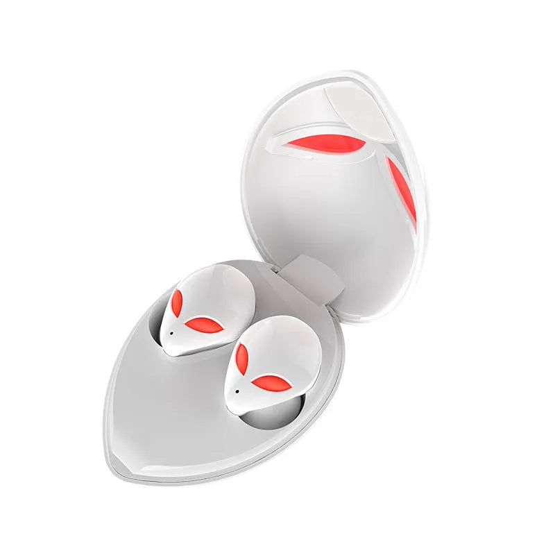 Creative Outer T8 Starman alien design wireless earbuds in red and blue with charging case.