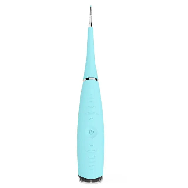 Pink and blue electric dental scaler tool with silicone handle on a bathroom counter.