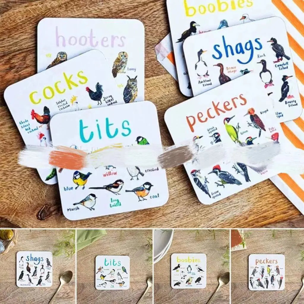 Set of six square PVC bird pun coasters with different bird chart designs on a table