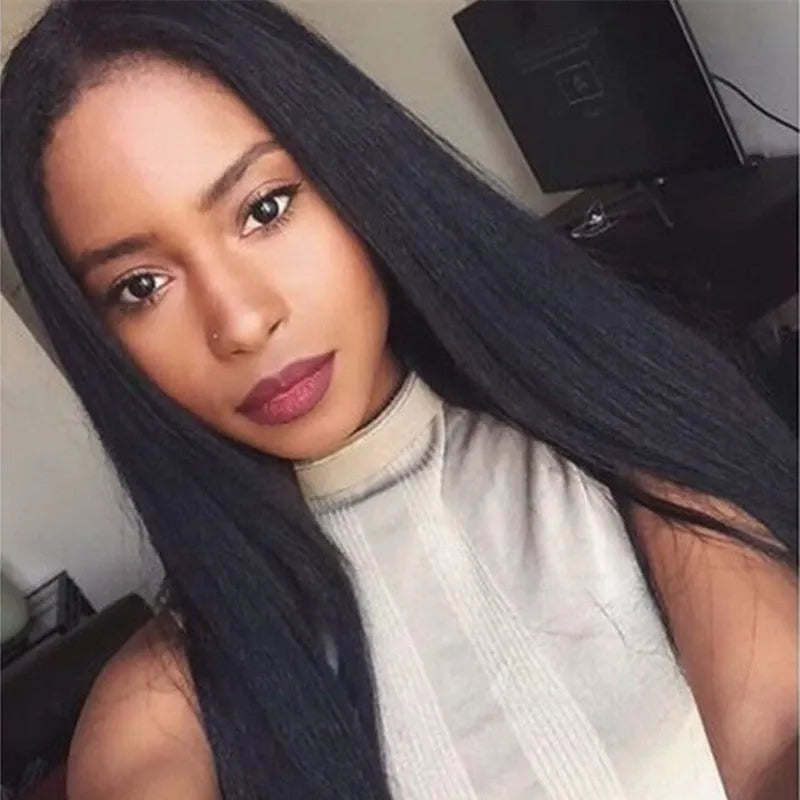 Long straight hair wig with centre-parting bangs in black colour on display