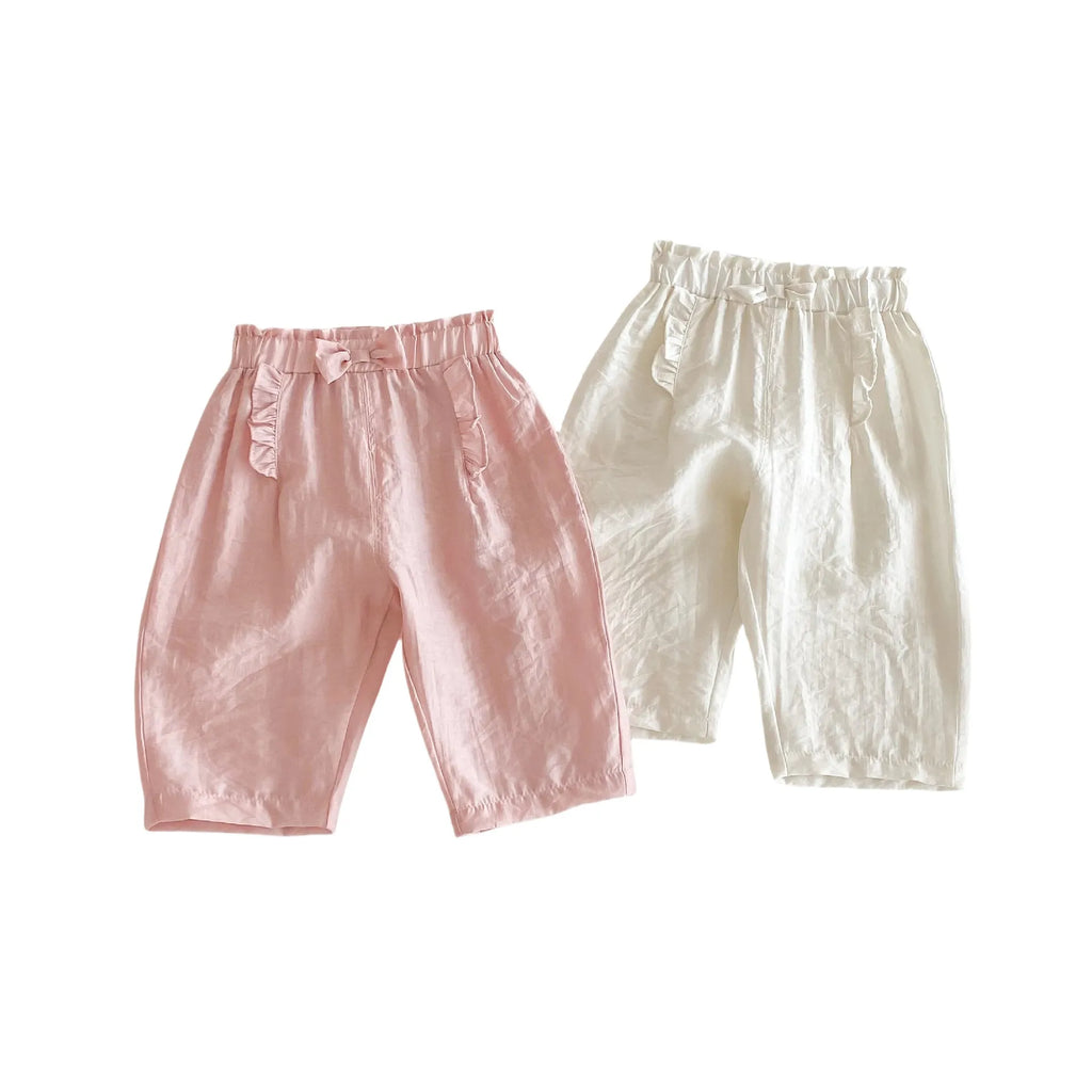 Girls' bow anti mosquito cotton trousers in cream beige, mid-waist casual style for height 100 cm
