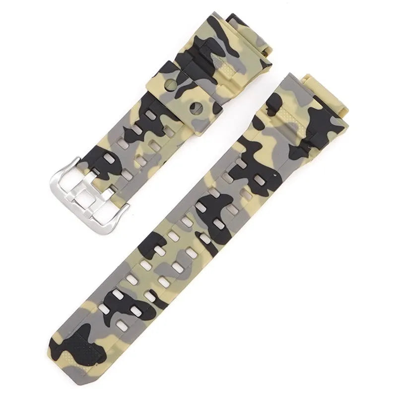 Camouflage pattern TPU rubber watch strap with silver buckle for G-Shock-style watches.