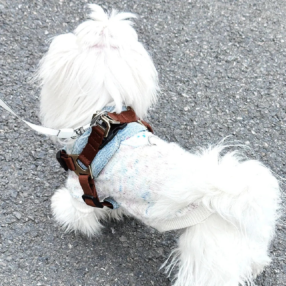 Brown anti-bite nylon dog chest harness with vest style and zinc alloy fittings on small dog