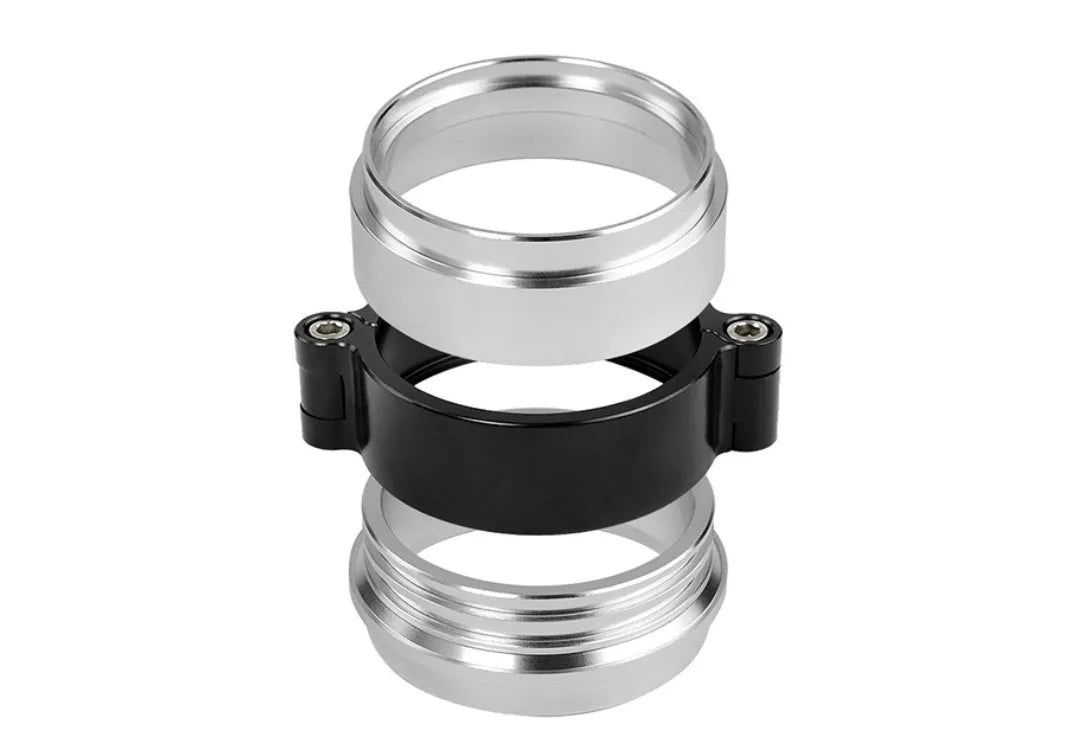 Aluminium car exhaust clamp in black on a 3-inch turbo downpipe