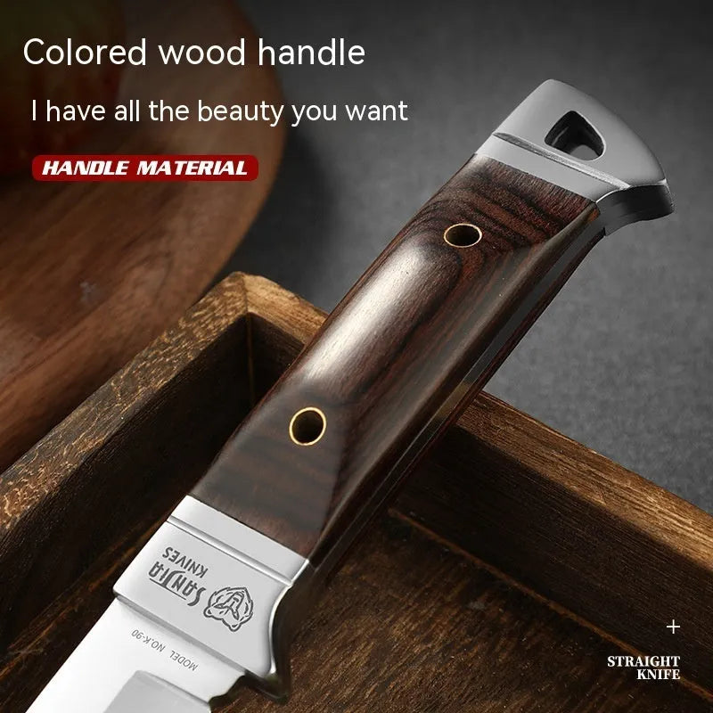 Camping portable fruit knife with leather case, stainless steel blade, national style design