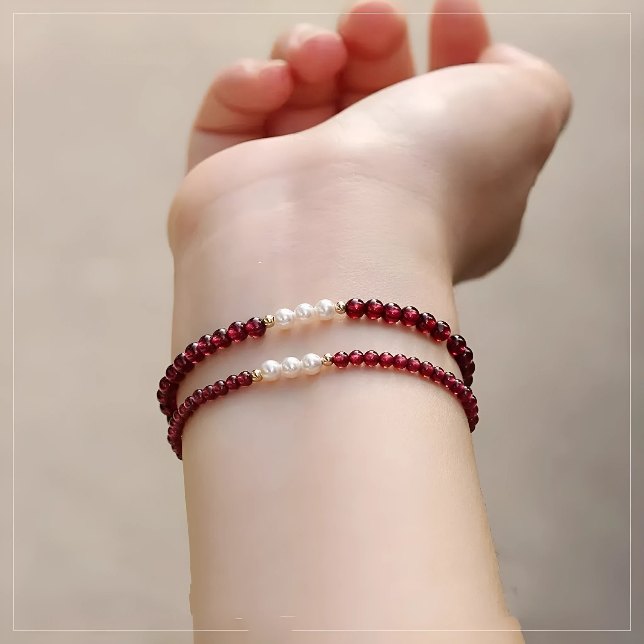 Women's crystal bracelet with Chinese garnet beads and artificial pearls on wrist