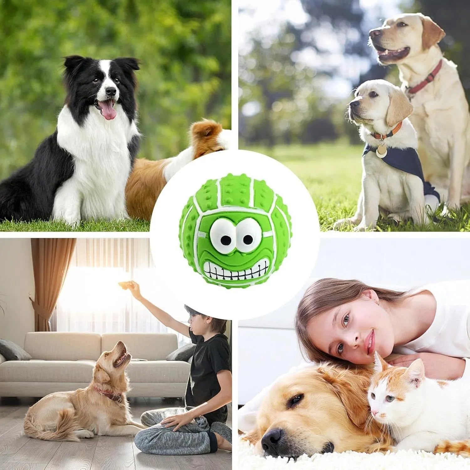 Latex face ball dog toy in green orange yellow colours with smiley design