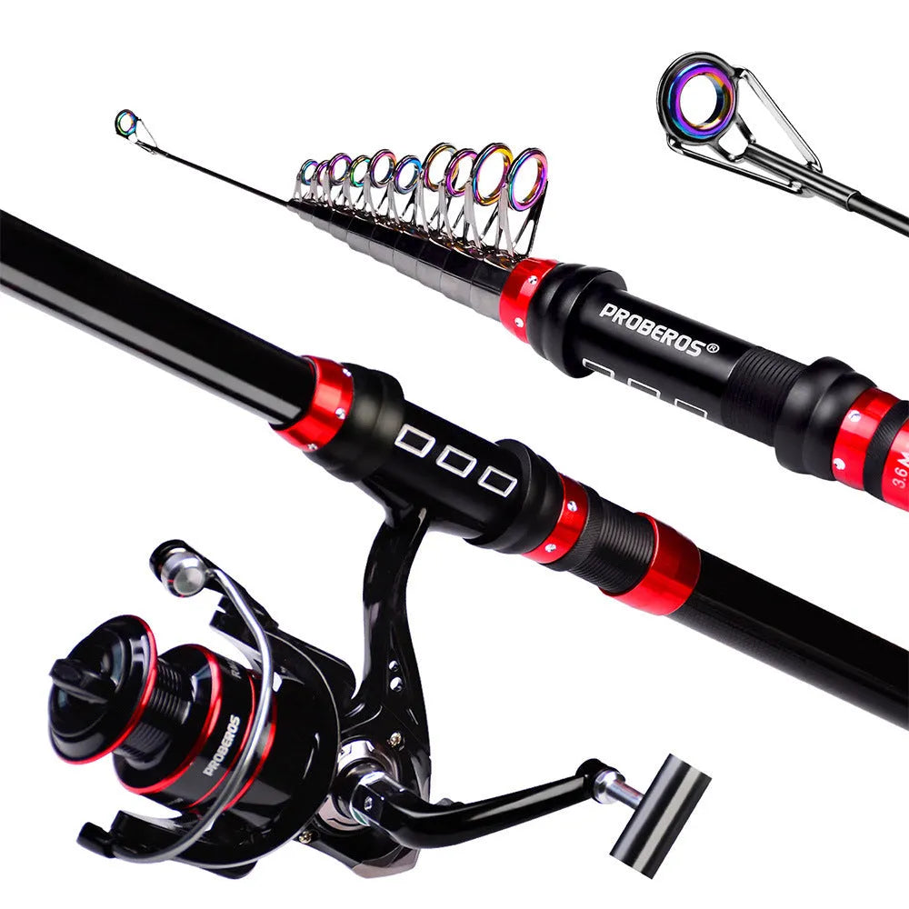 Long cast fishing rod and reel combo set with PE line, assorted soft baits, hard lures and storage bag in red