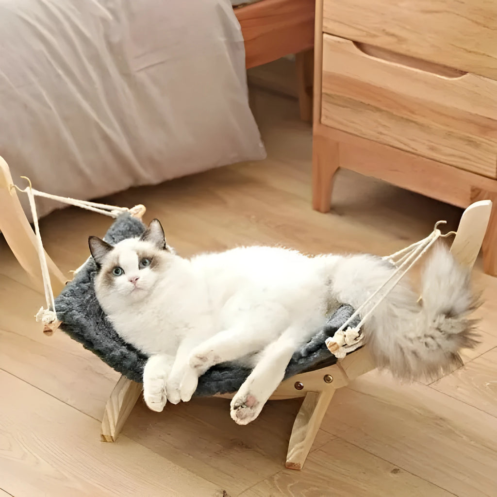 Solid wood hanging pet hammock with grey canvas and velvet cloth cover, 48 cm by 30 cm, for cats and small dogs under 15 kg.