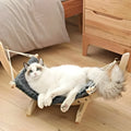 Solid wood hanging pet hammock with grey canvas and velvet cloth cover, 48 cm by 30 cm, for cats and small dogs under 15 kg.