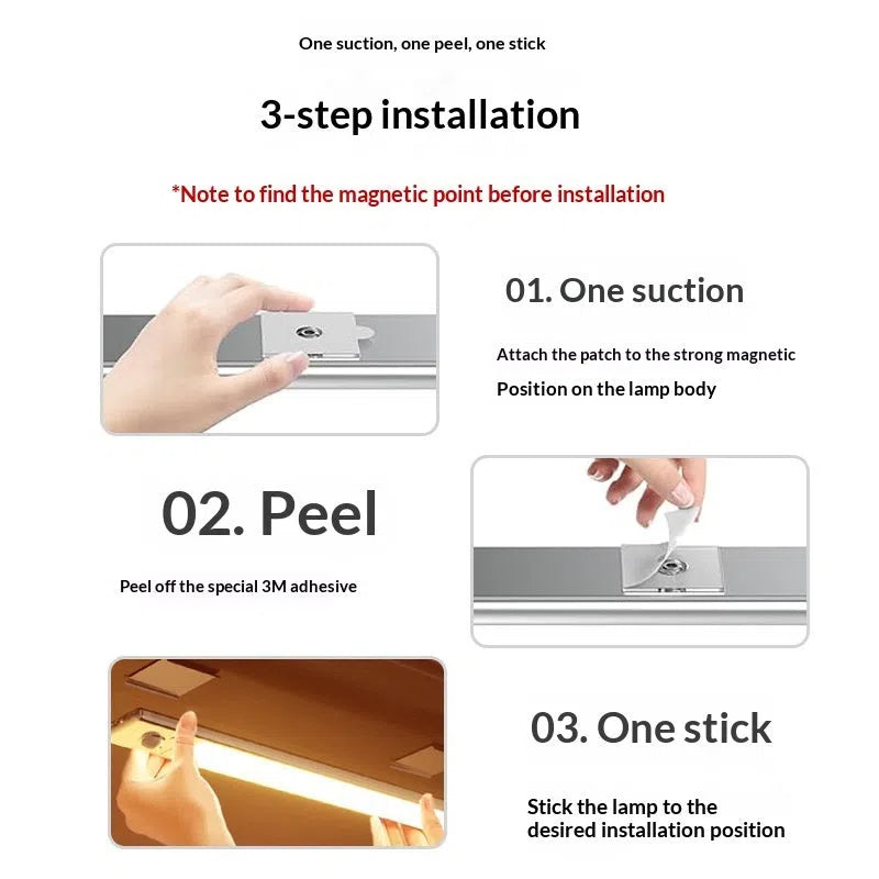 White plastic LED induction cabinet light with sensor, 24cm, rechargeable battery, no-drilling mount